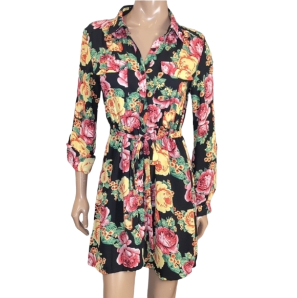 Seductions Dresses & Skirts - Seductions Sirens Floral Belted Shirt Dress Black Yellow Womens Size Medium
